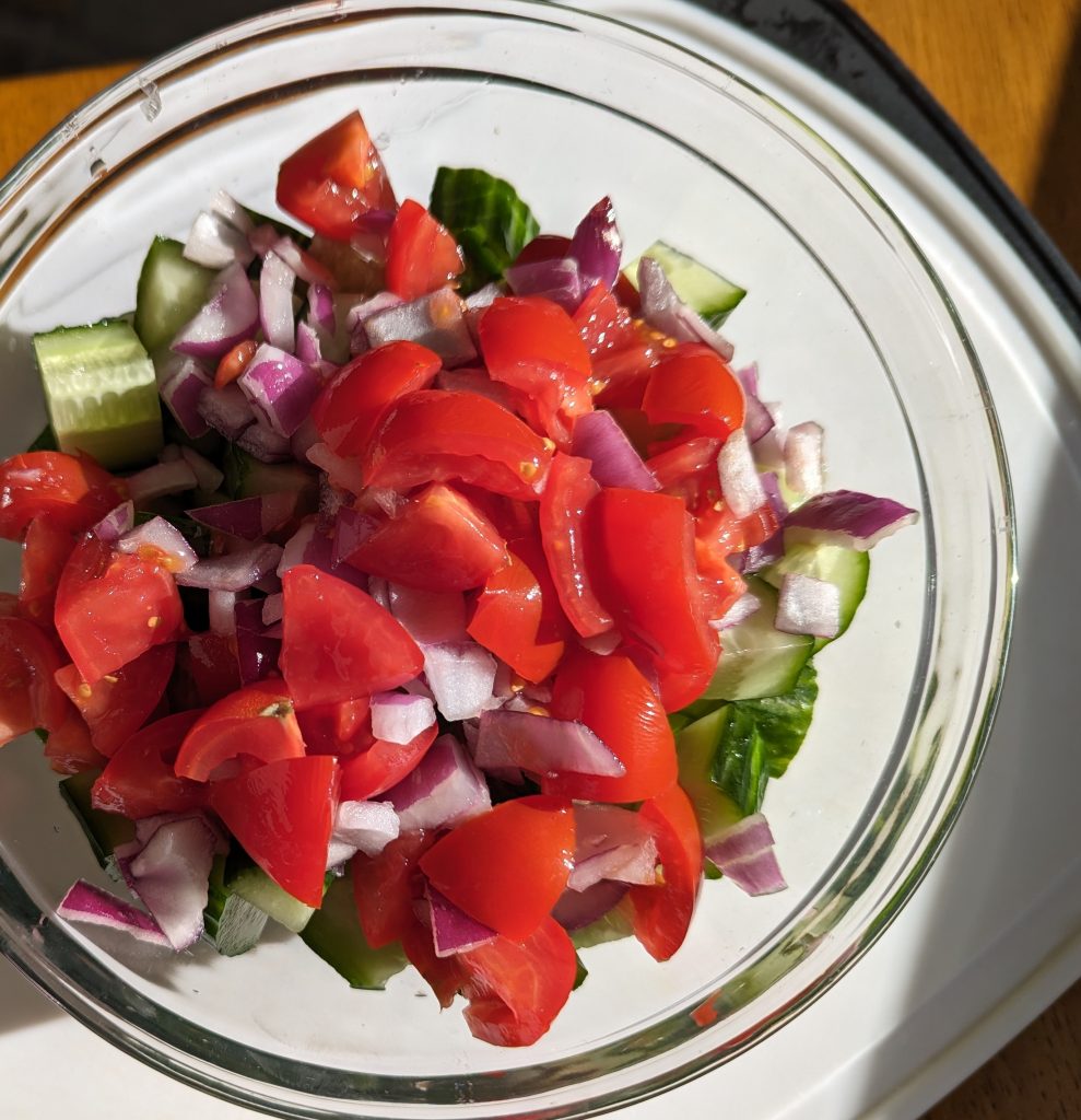 English Cucumber Salad ingredients in bowl