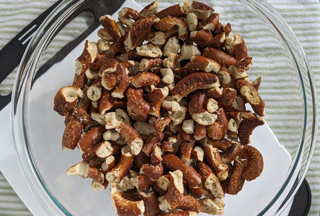 broken pretzels in bowl