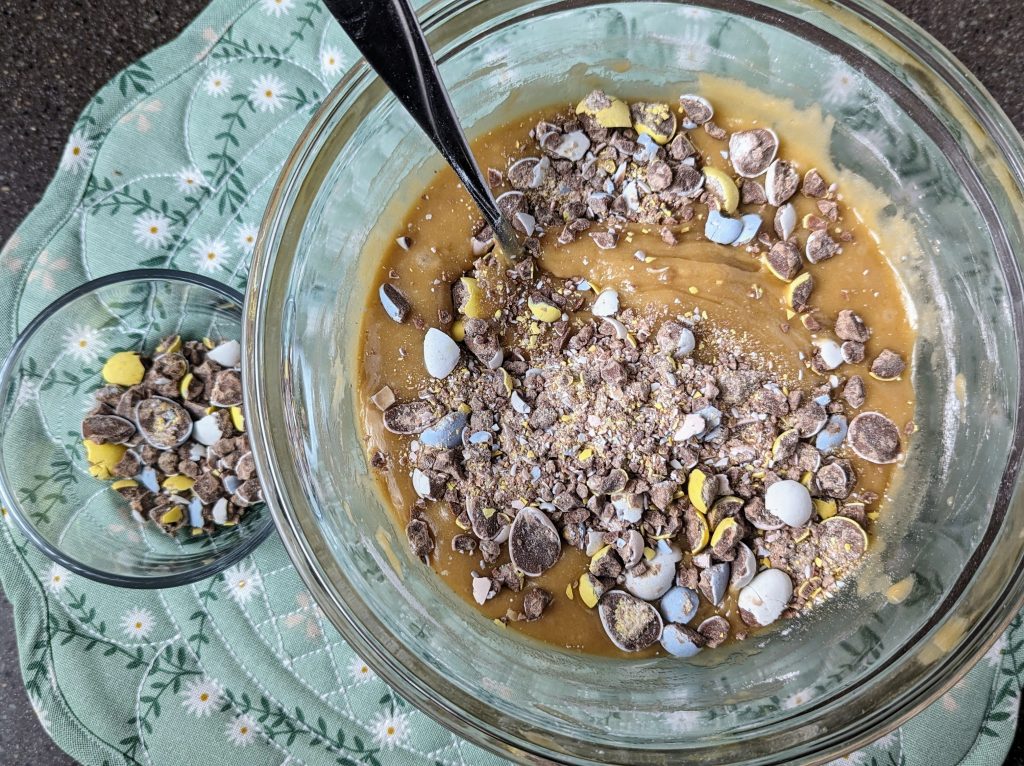 mini egg cookie bars batter in bowl