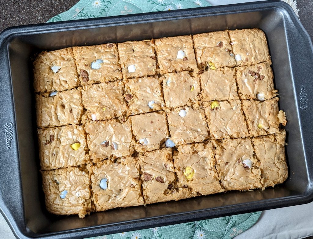 Mini egg cookie bars cut into 24 squares