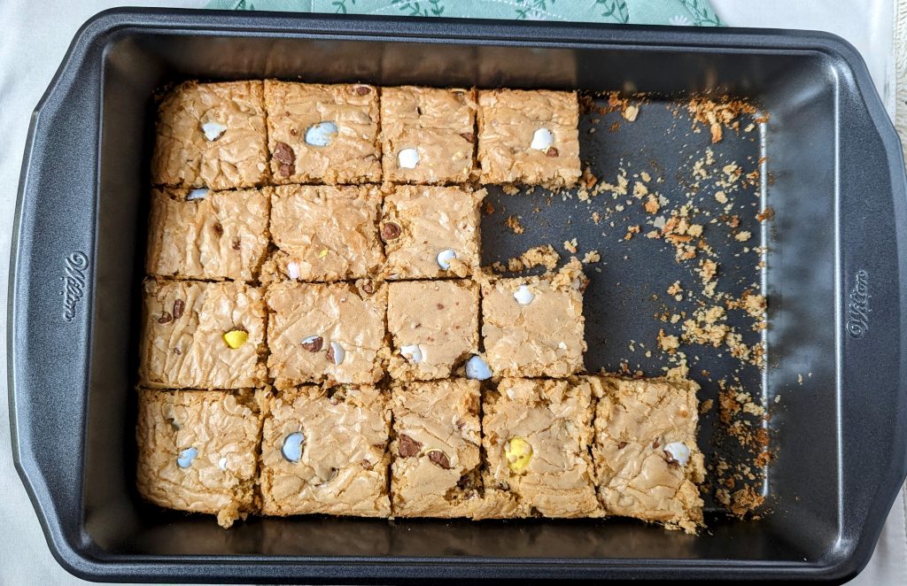 Mini Egg Cookie Bars in pan