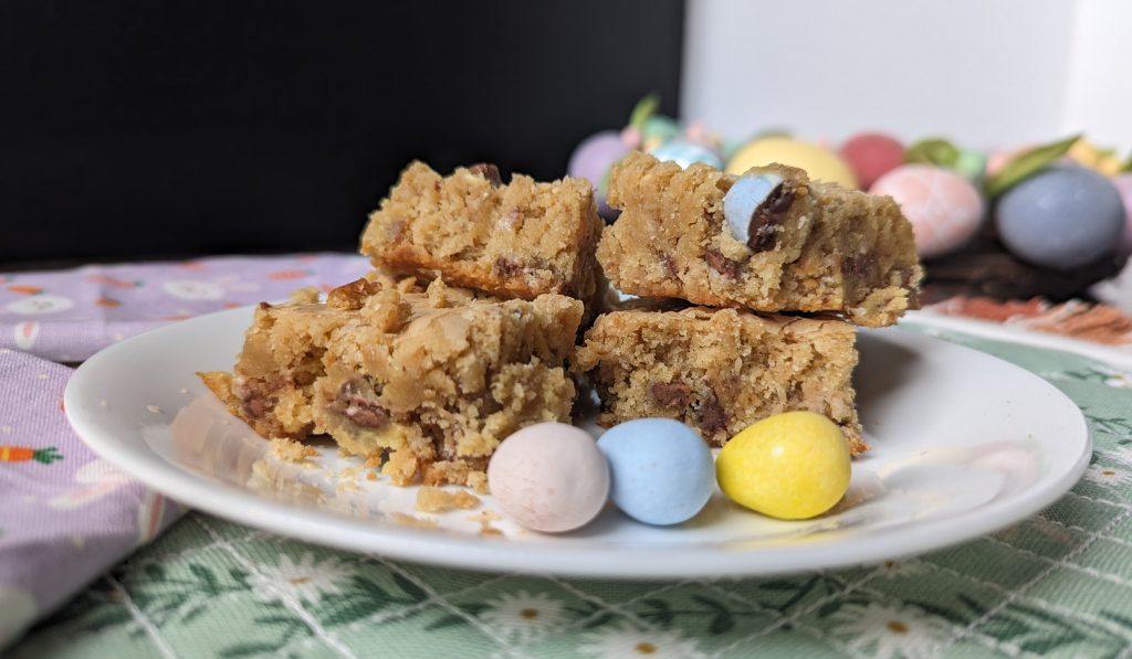 Mini egg cookie bars on plate