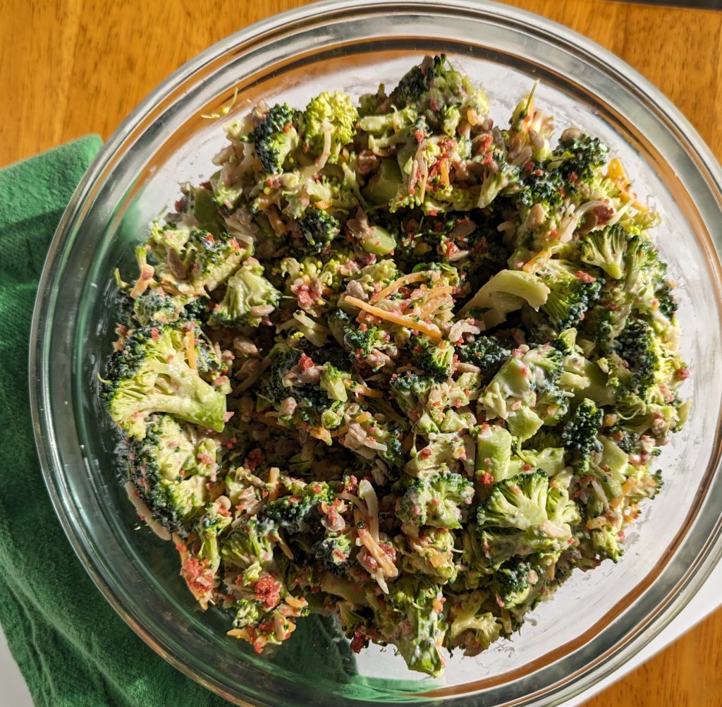 broccoli crunch salad in mixing bowl