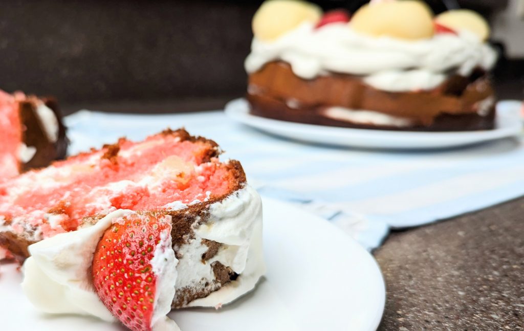 strawberry pear spring torte serving on plate