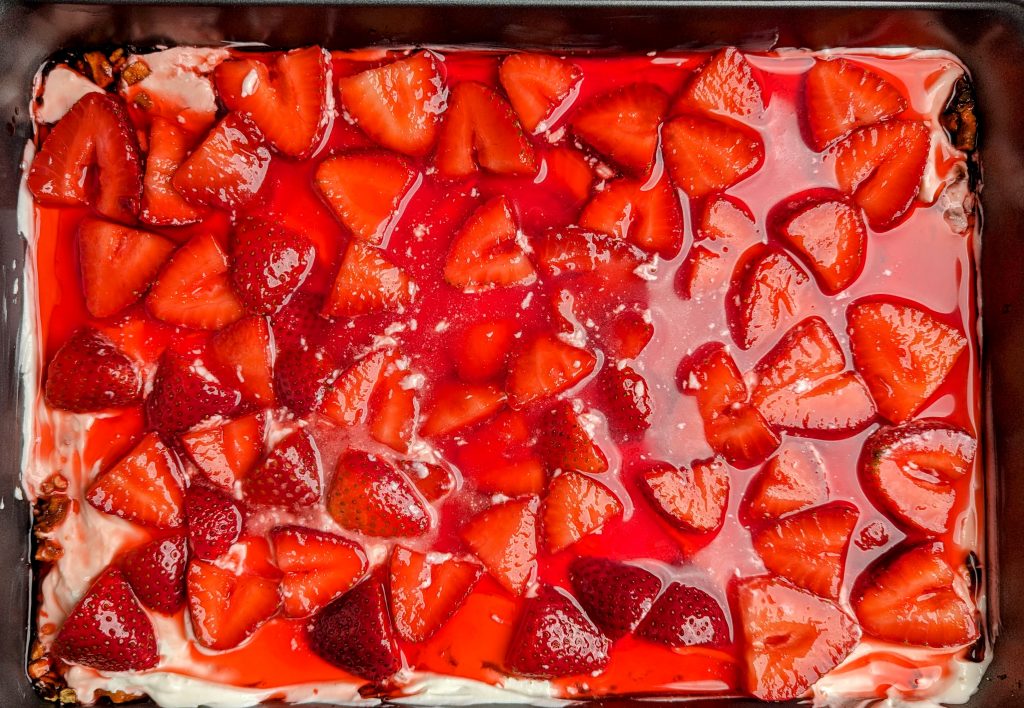 strawberry pretzel delight uncut in pan