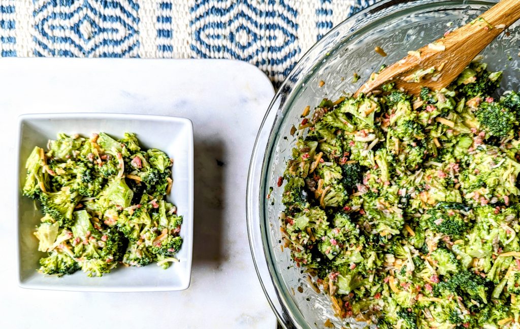 broccoli crunch salad with serving bowl