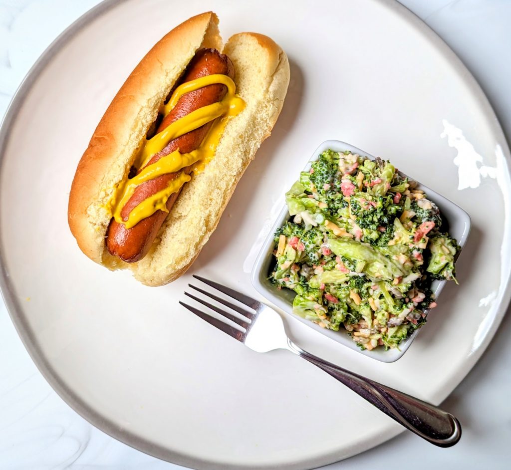 broccoli crunch salad with hot dog