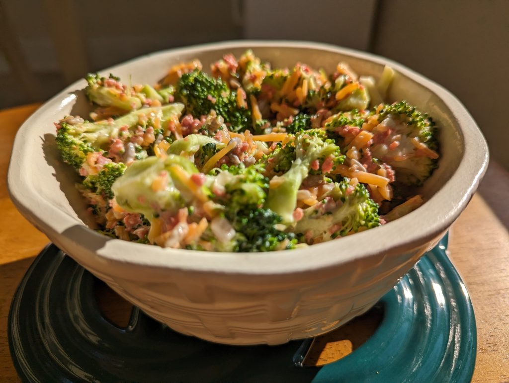 broccoli crunch salad in serving bowl