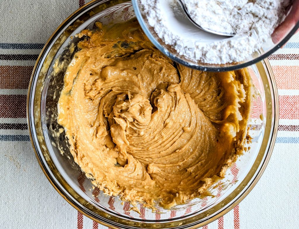 adding dry ingredients to bowl