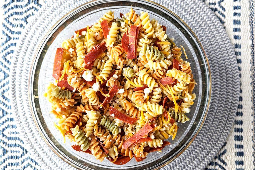 pepperoni pasta salad in bowl