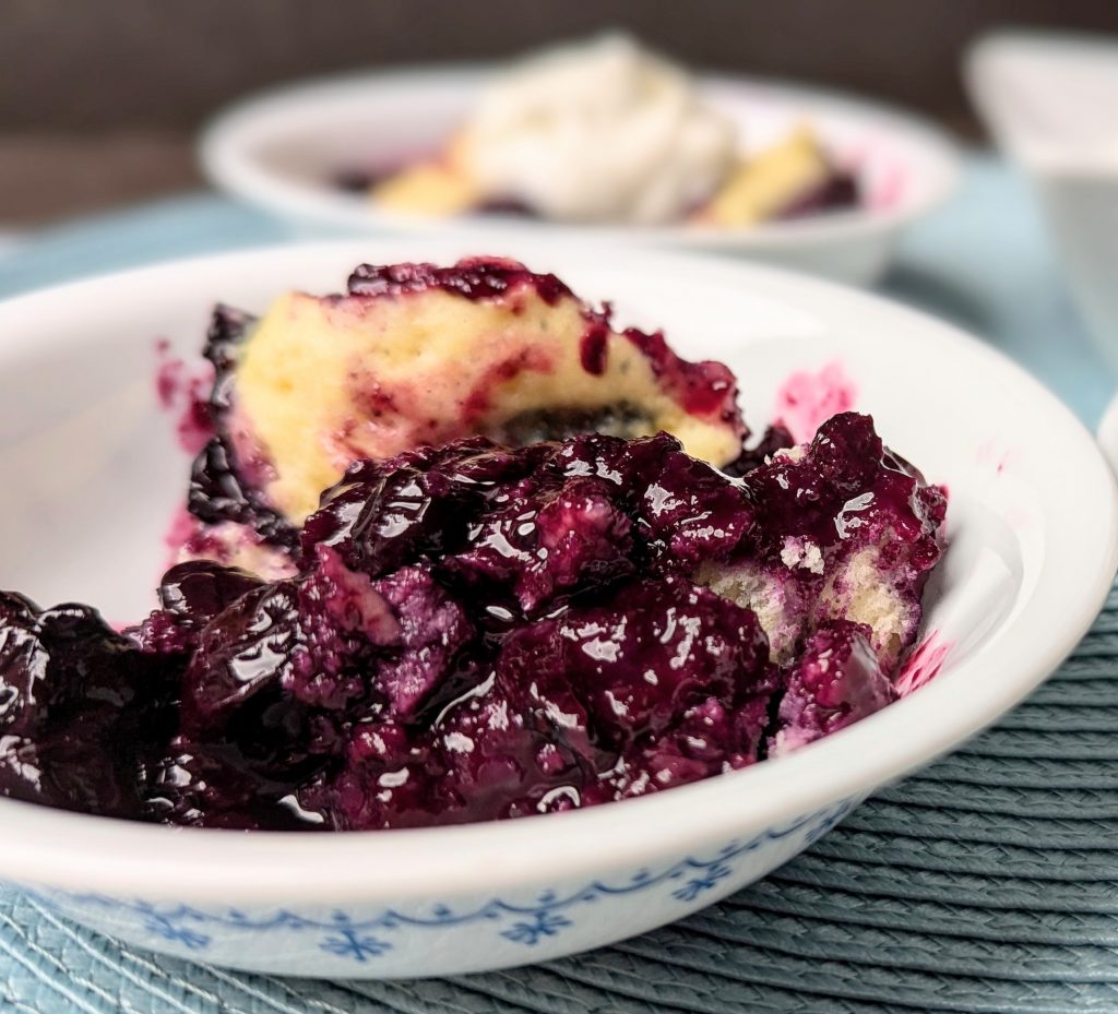 stovetop blueberry grunt in serving bowl