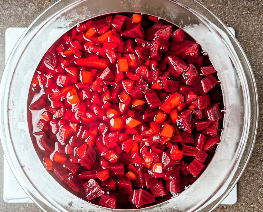 pickled red beet salad in bowl