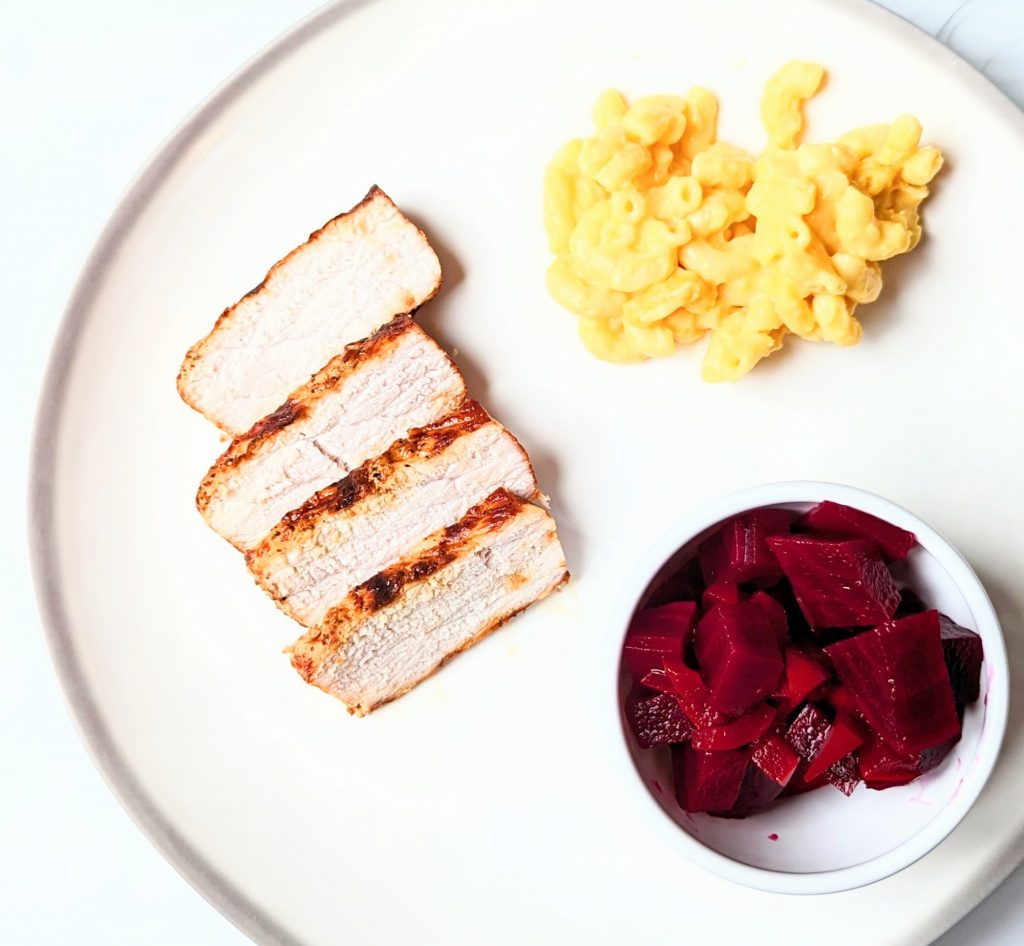 pickled red beet salad with pork and mac