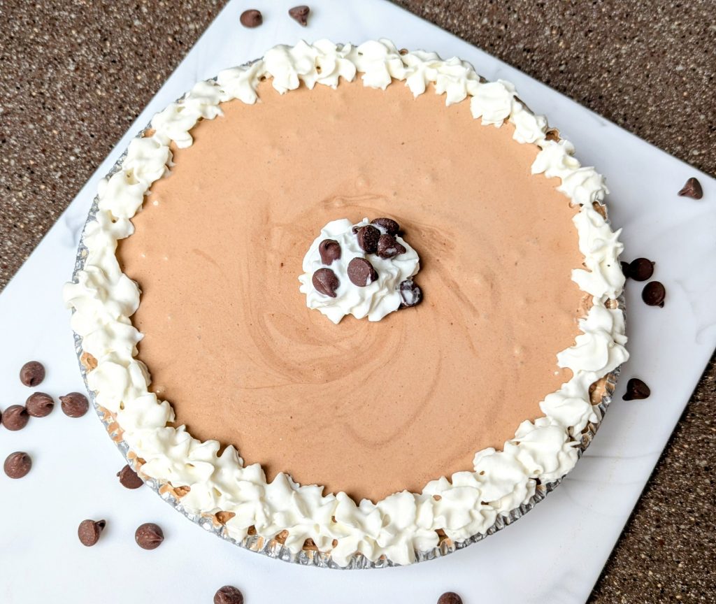 chocolate peanut butter pie before being cut and served