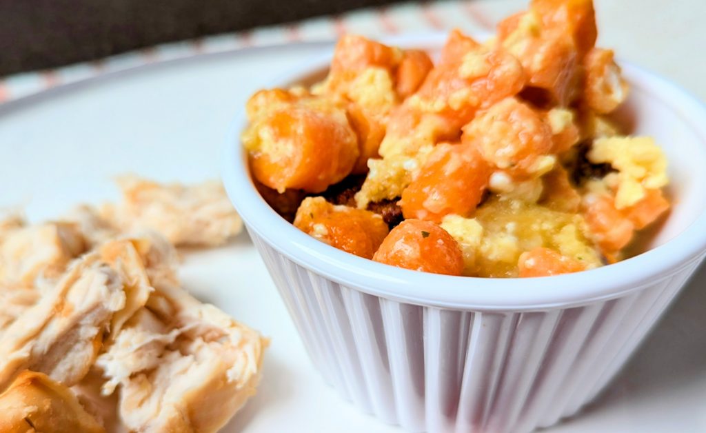 creamy cheesy carrot casserole in serving cup