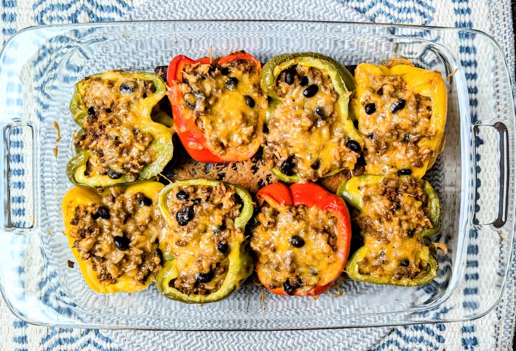 Mexican stuffed peppers in casserole dish