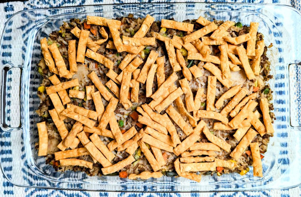 cow mein beefy rice casserole topped with noodles