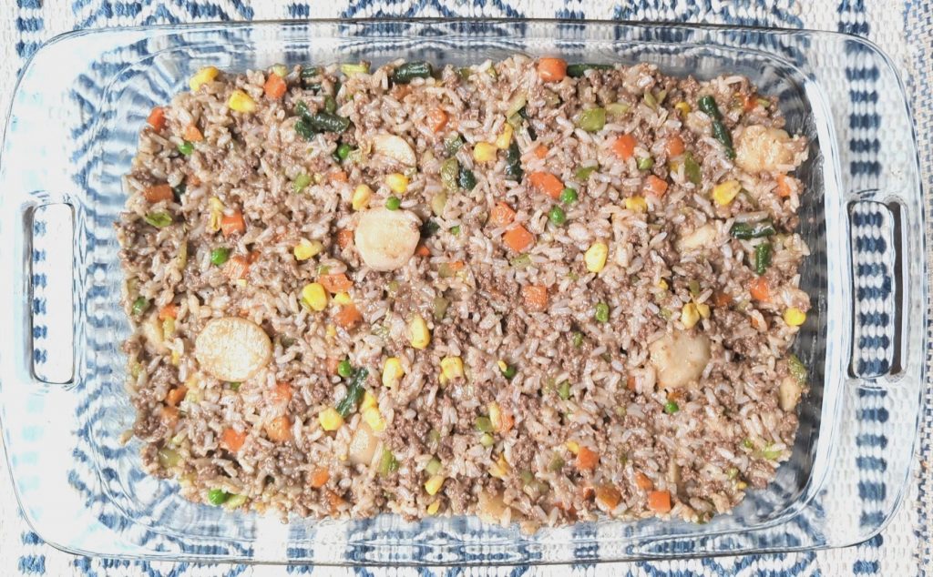 chow mein beefy rice casserole in baking dish