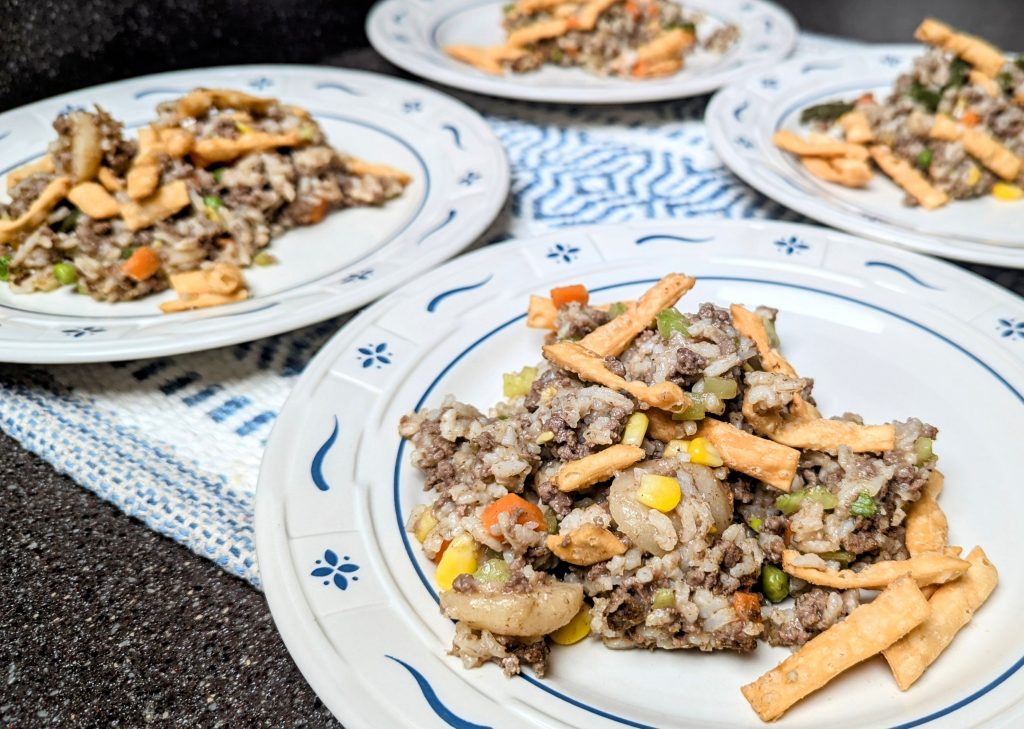 Chow Mein Beefy Rice Casserole on plates