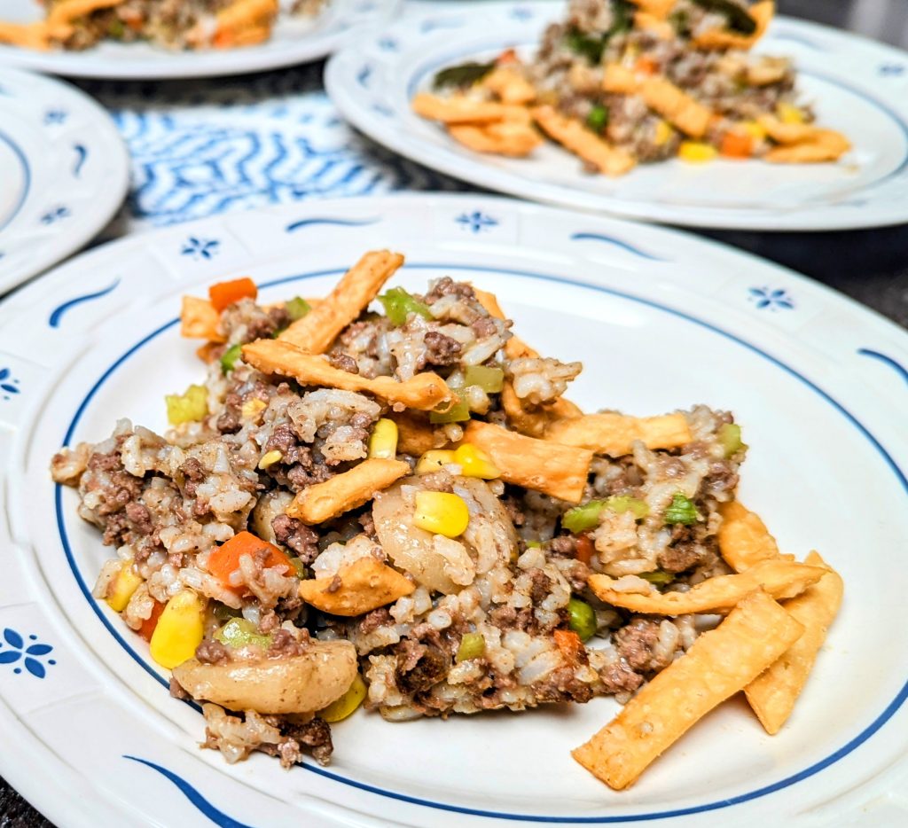 Chow Mein Beefy Rice Casserole on plates