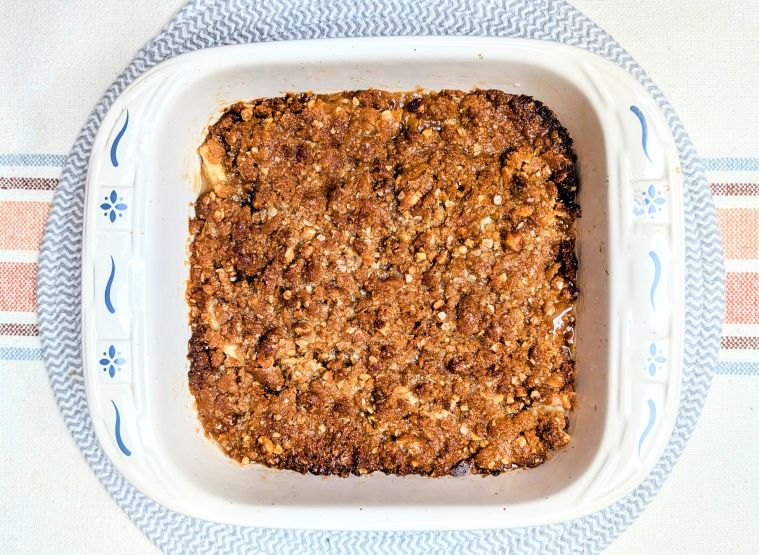 Apple peanut crunch in baking dish