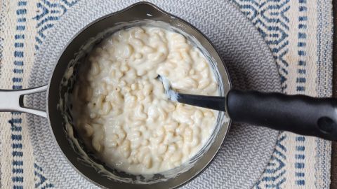 cheddar parmesan mac and cheese in saucepan