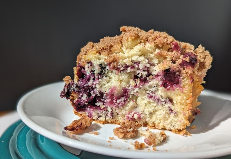 blueberry buckle coffee cake on plate