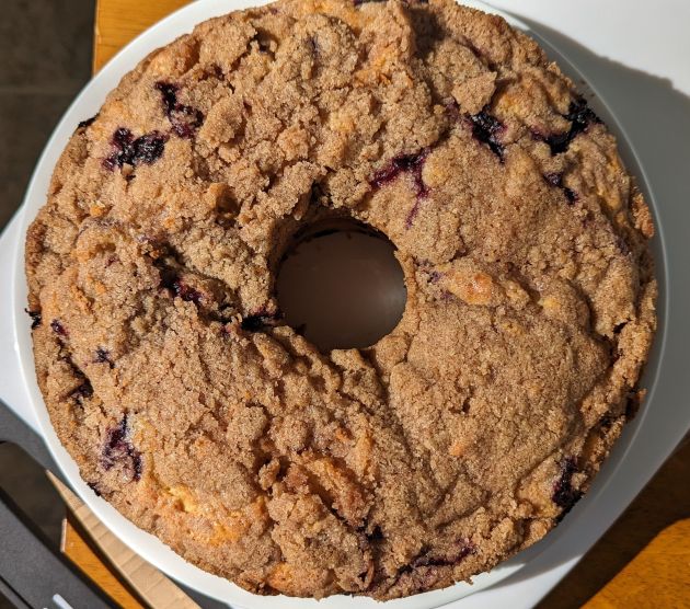 blueberry buckle coffee cake before it is cut