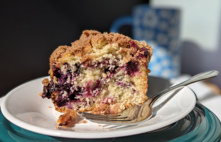 blueberry buckle coffee cake on plate