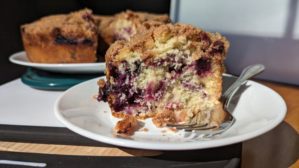 blueberry buckle coffee cake on plate