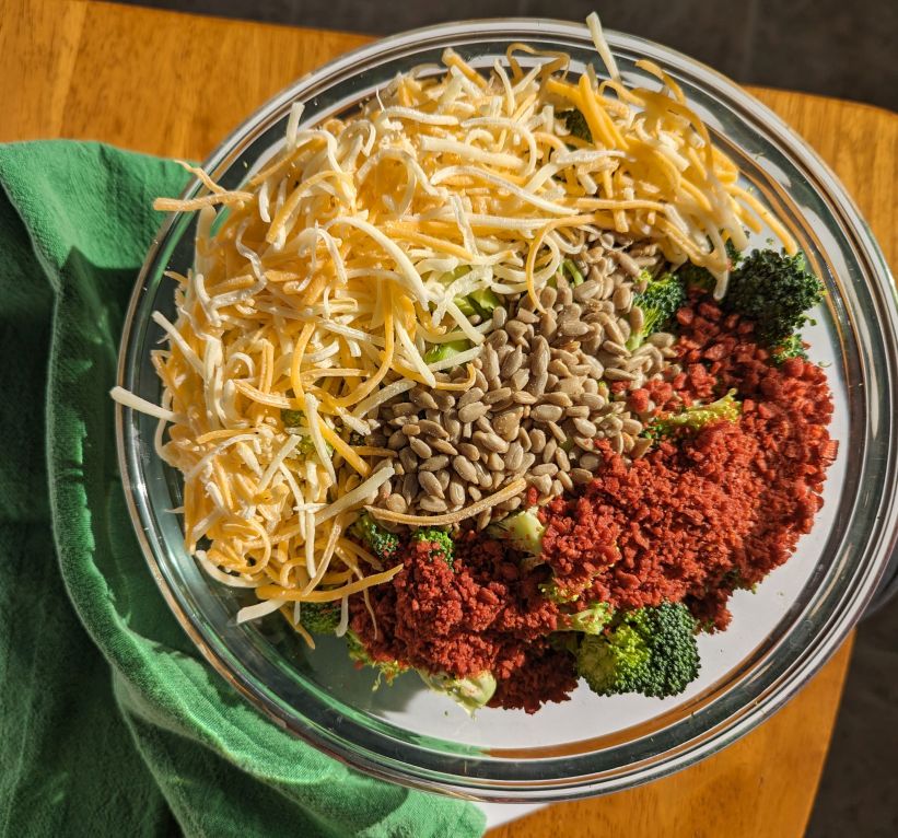 Broccoli Crunch Salad ingredients in bowl