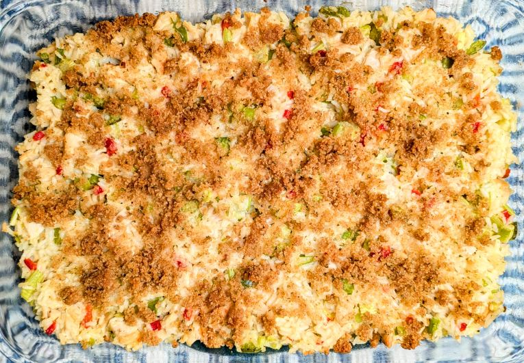 chicken veggie rice casserole in baking dish