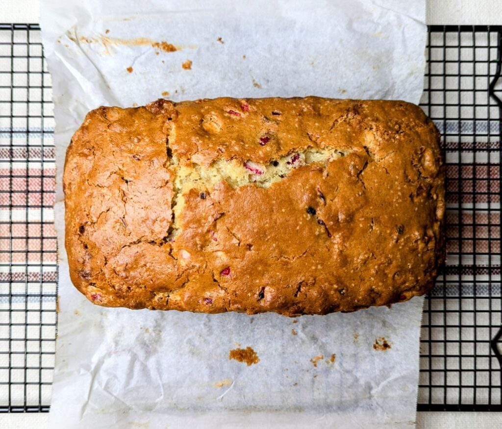 white chocolate cranberry bread  cooling on rack