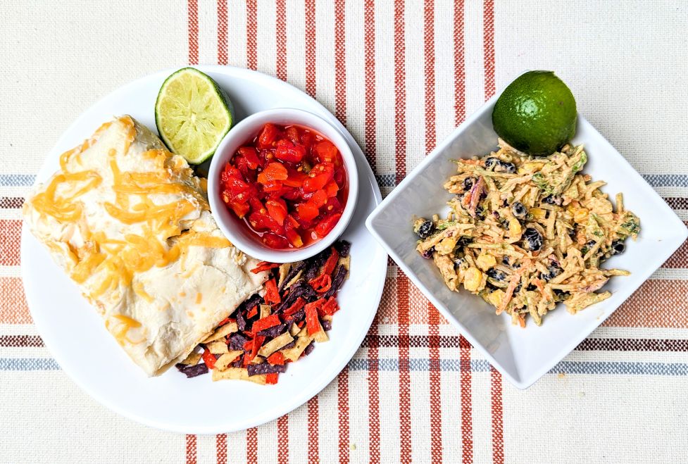 cheesy chicken enchiladas and mexican rainbow coleslaw