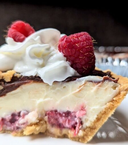 slice of chocolate raspberry cheesecake with suggested garnish