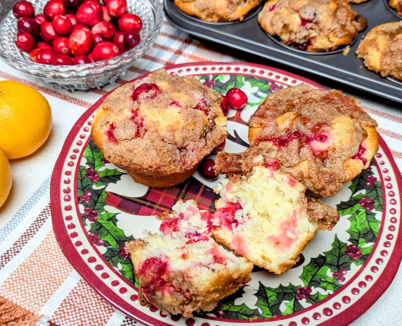 cranberry crumble muffins on plate