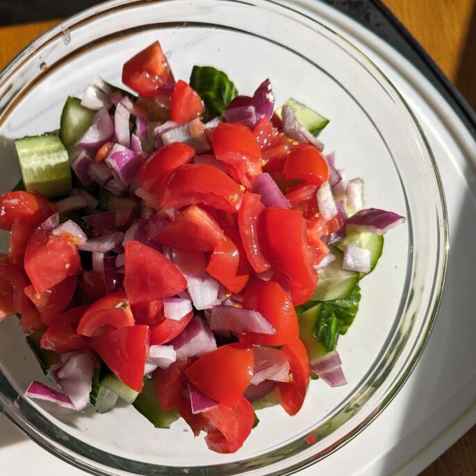 English Cucumber Salad ingredients in bowl