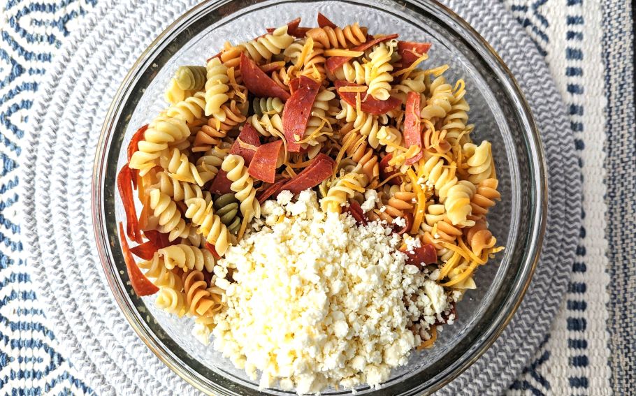 pepperoni pasta salad with cheeses added