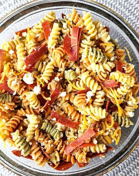 pepperoni pasta salad in bowl