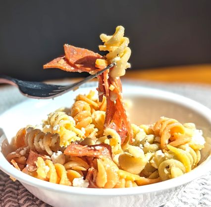 pepperoni pasta salad in bowl