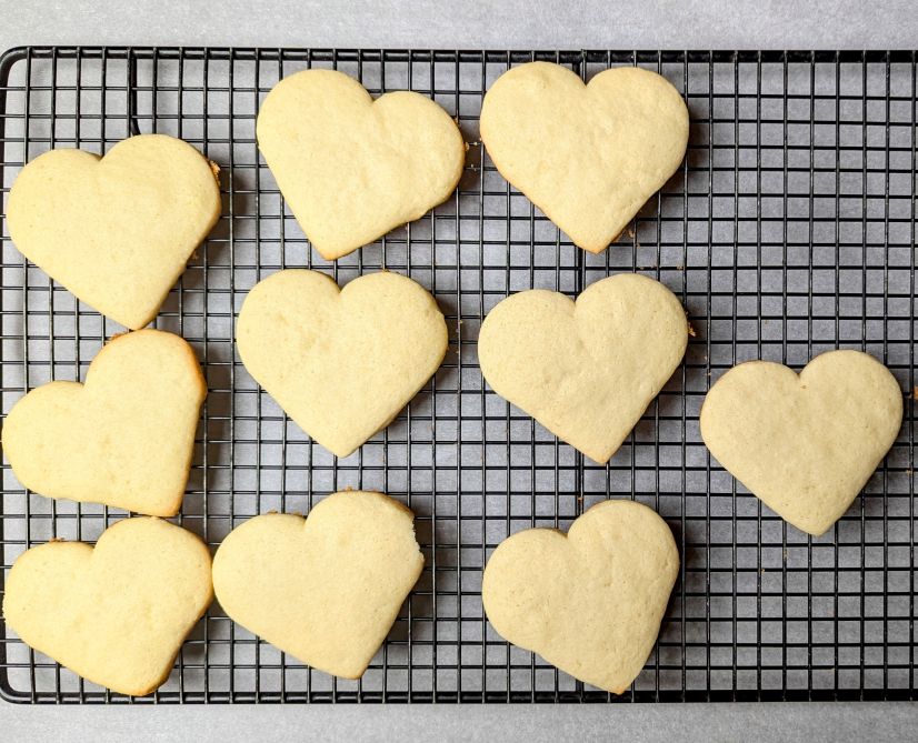 valentine butter cookies on wire rack