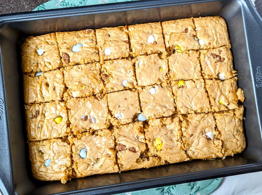 mini egg cookie bars cut into squares