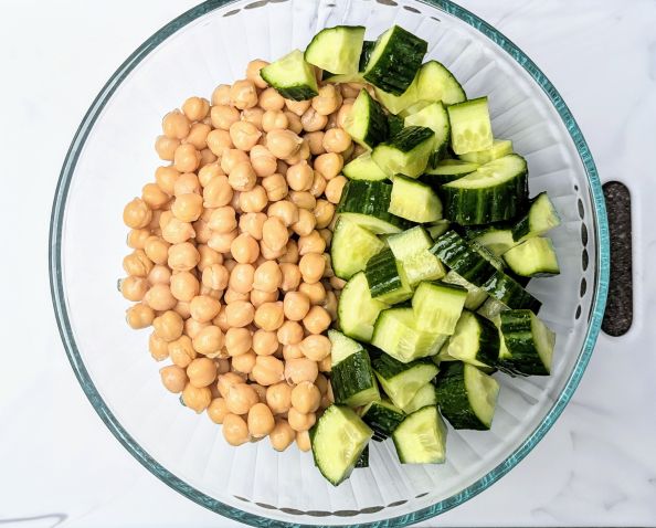 chickpeas and cucumber in bowl