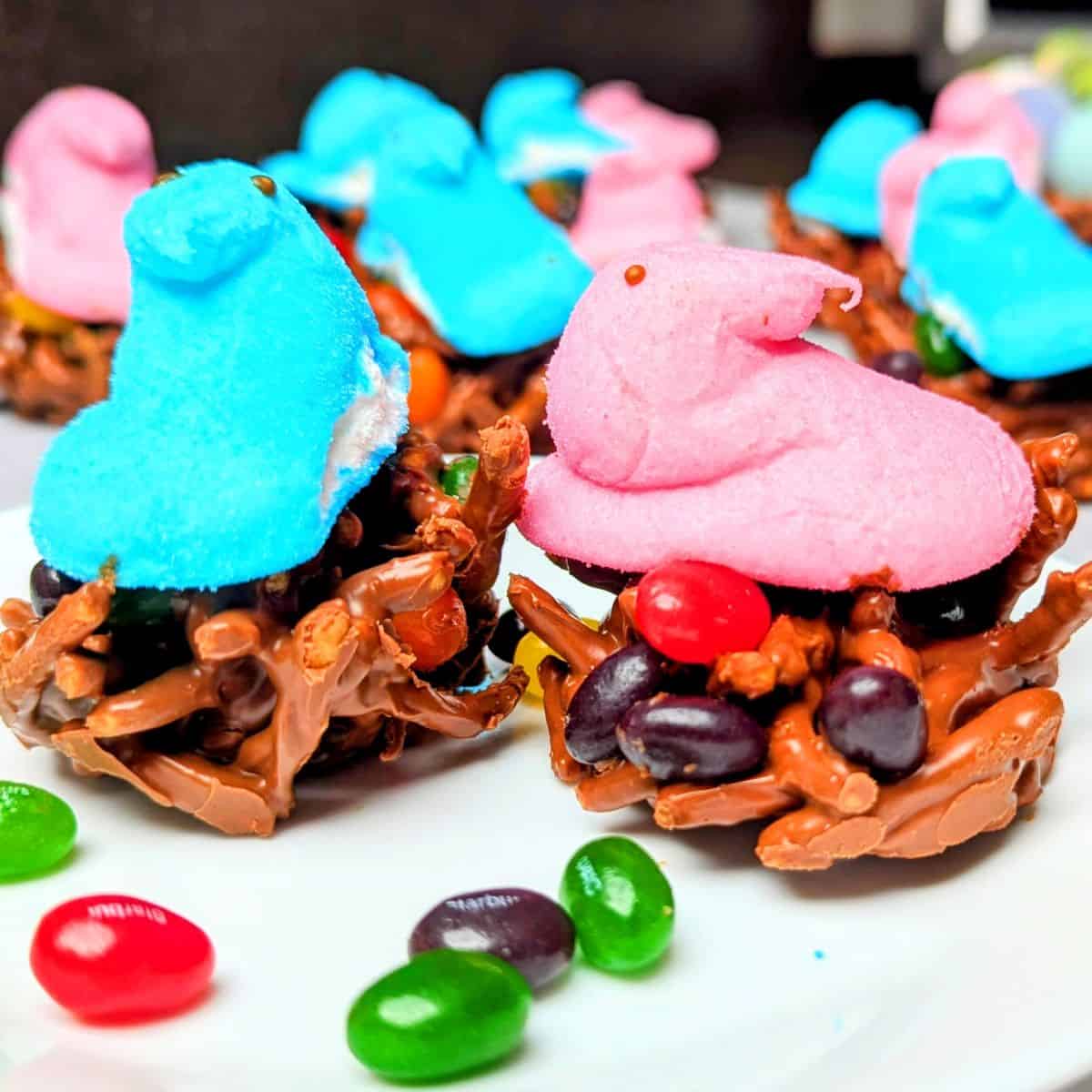 birds nest cookies with chocolate covered pretzels, jellybeans, and peeps