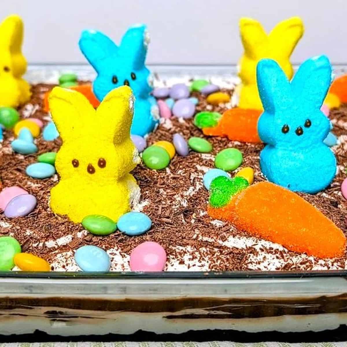 chocolate lasagna with peeps and pastel m&ms
