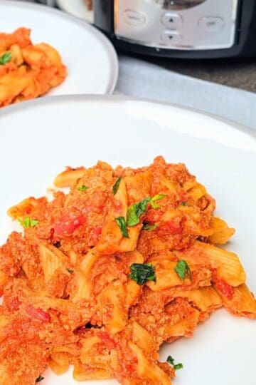 Close-up of a serving of Crock Pot Baked Ziti on a white plate, featuring tender penne pasta coated in red sauce and topped with melted mozzarella and parmesan cheese.