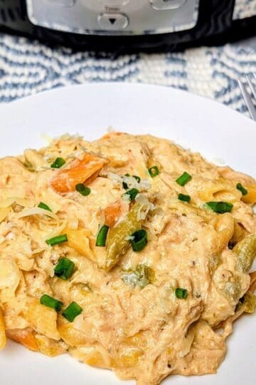 A white plate served with creamy Crock Pot Cajun Chicken Pasta, topped with melted cheese and fresh parsley.