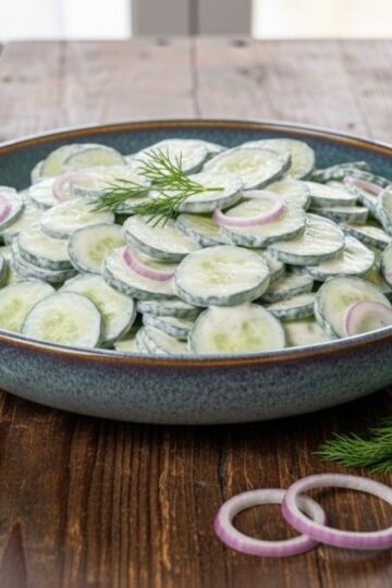 A refreshing bowl of cucumber sour cream salad with thin English cucumber slices, red onions, and fresh dill.