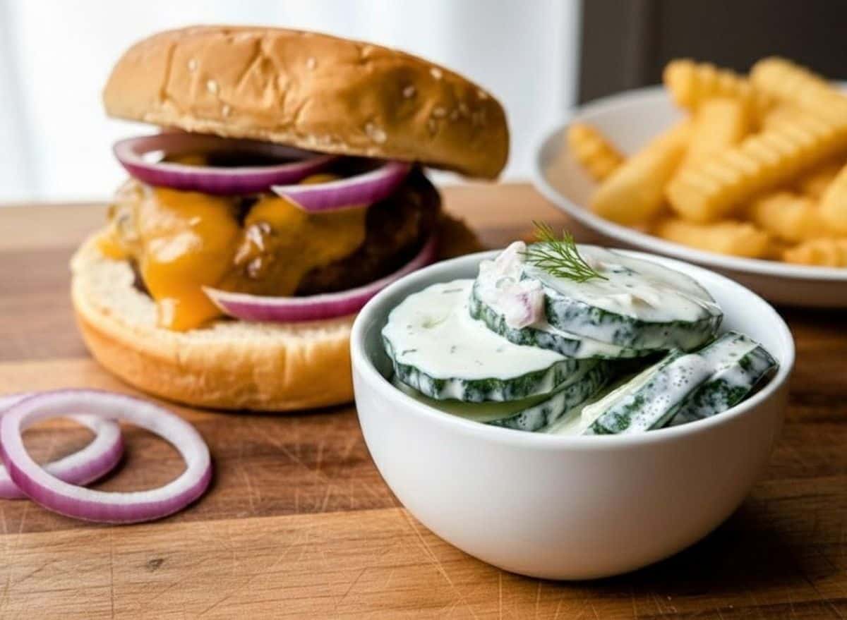 A side portion of creamy cucumber salad served on a plate next to a juicy burger and crispy fries.