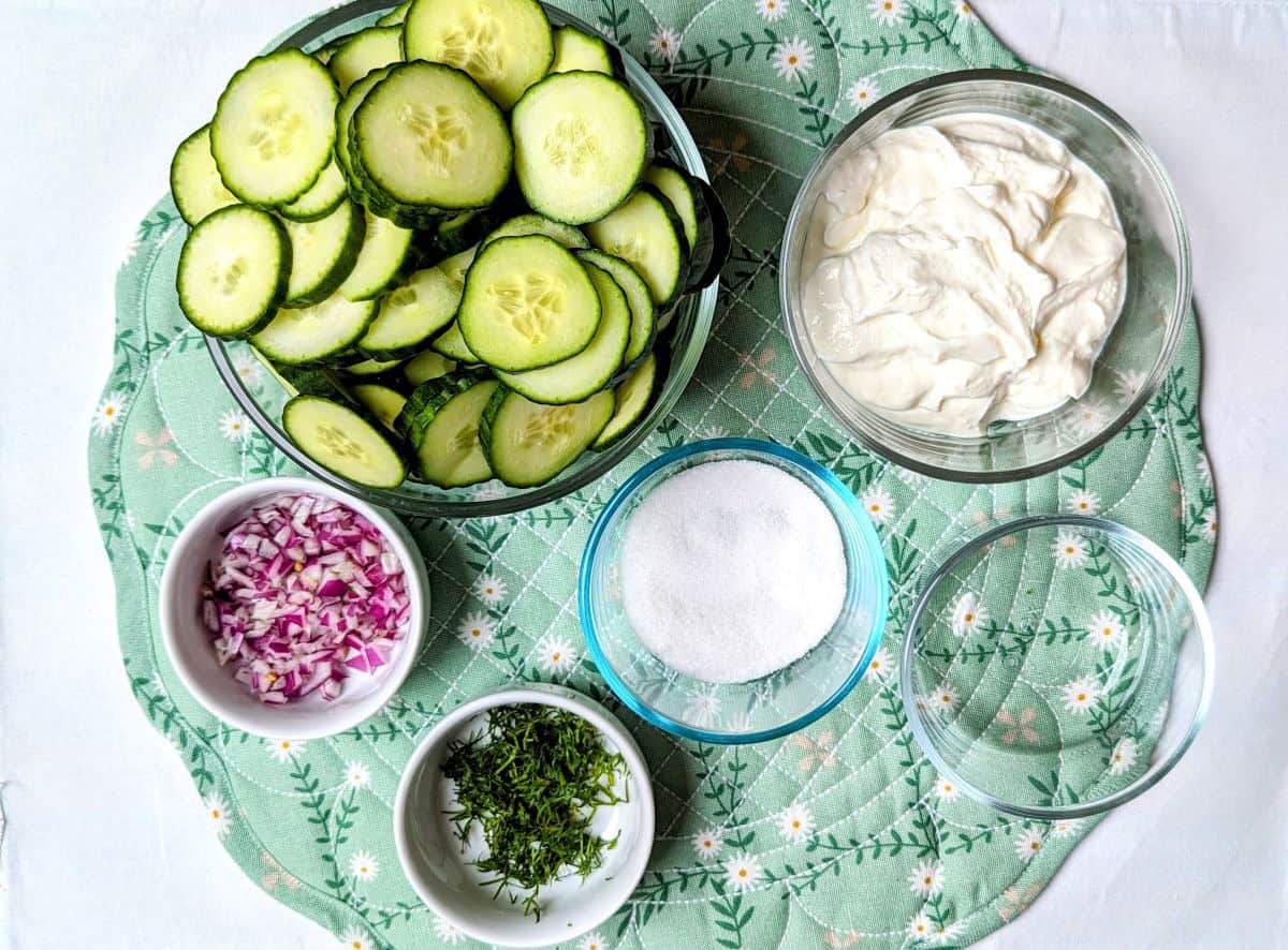 Ingredients for cucumber sour cream salad including English cucumbers, sour cream, fresh dill, red onion, and vinegar.